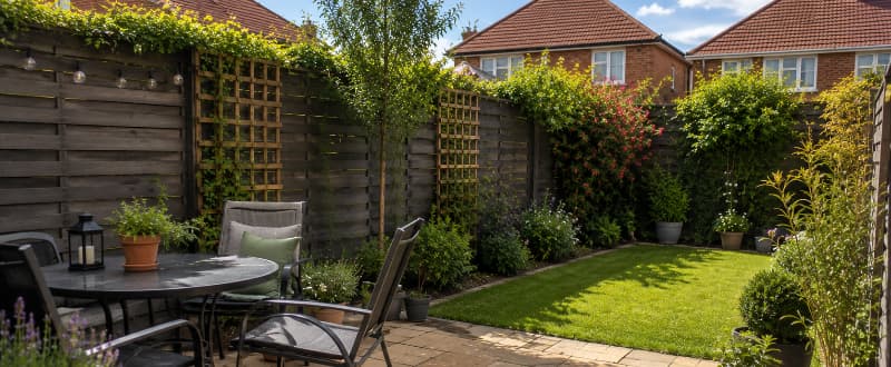 Private suburban garden with timber fencing, decorative trellis panels, climbing plants and mature shrubs creating natural privacy, featuring a lawn and patio seating area for a peaceful outdoor space.