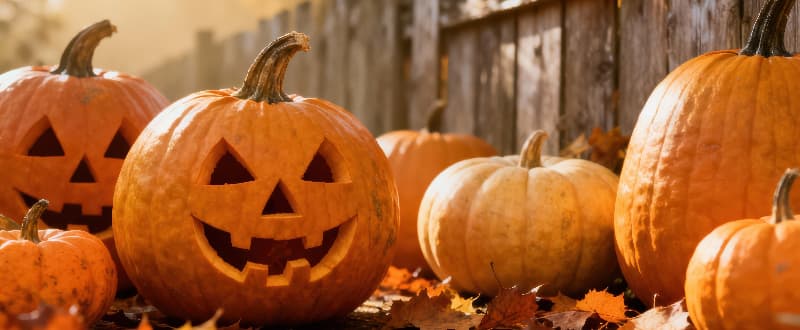 halloween pumpkins near garden fence