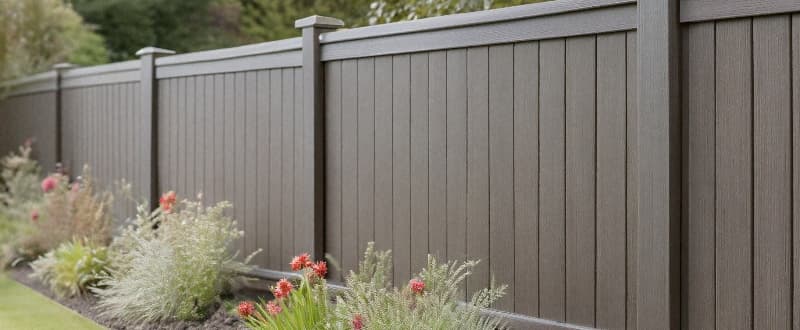Modern grey composite fencing with vertical panels and matching posts, creating a stylish, low-maintenance boundary for a landscaped garden.