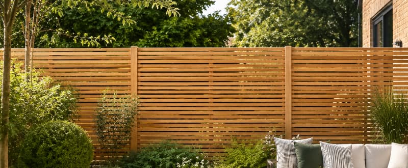 Modern timber slatted fence panels in a landscaped garden