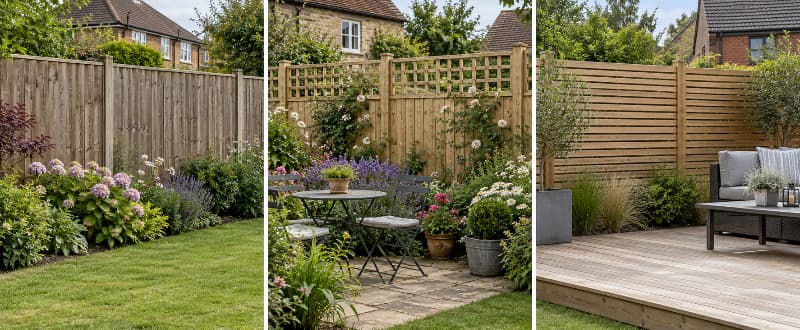 Three British gardens featuring closeboard, trellis-top and horizontal slatted fence panels